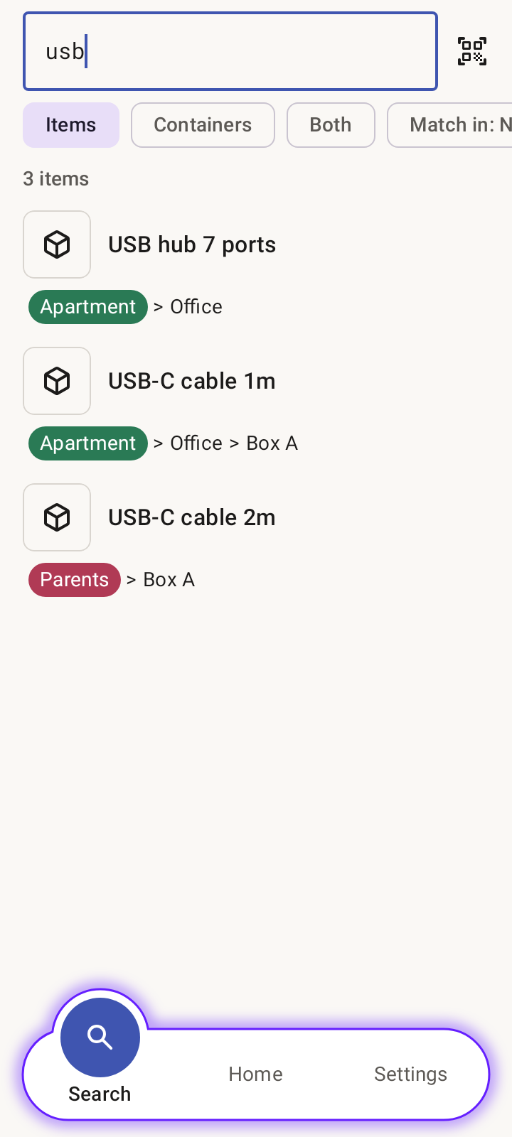 Search results for “usb” across two houses, with the path to each item